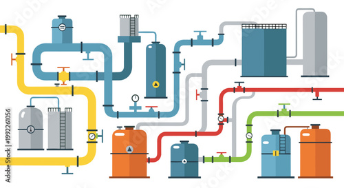 A complex network of colorful industrial pipes valves and storage tanks creates a detailed schematic of a processing plant in a flat vector style.