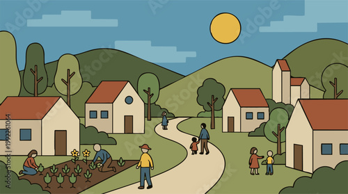Colorful village life illustration with people, houses, and nature