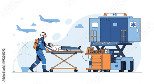 Paramedic transfers patient from stretcher to advanced medical transport, air ambulance concept