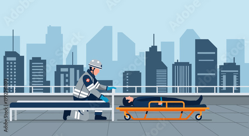 Paramedic transfers patient from stretcher to ambulance on city rooftop