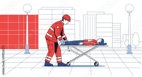 Paramedic transporting patient on stretcher, urban emergency medical service, rescue operation