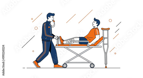 Paramedic transports injured patient on stretcher, leg cast, crutches nearby