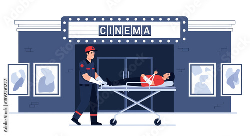 Paramedic transports injured man on stretcher from cinema entrance