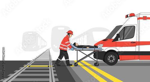Paramedic transports injured person from train tracks to ambulance