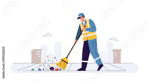A diligent street cleaner wearing a bright yellow safety vest meticulously sweeps a pile of colorful trash on a city sidewalk during daytime.