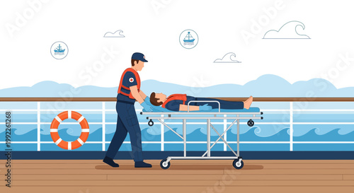 Paramedic transports injured person on stretcher on cruise ship deck, emergency medical care at sea