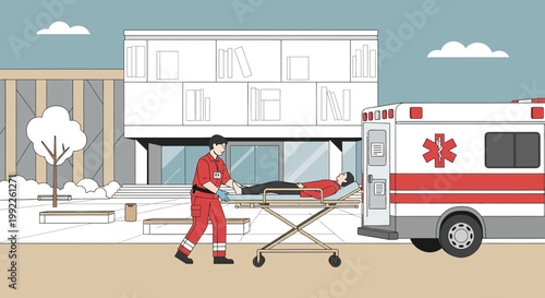 Paramedic transports patient from ambulance to hospital building