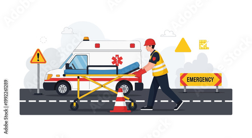 Paramedic Pushing Stretcher Towards Ambulance with Emergency Scene Elements