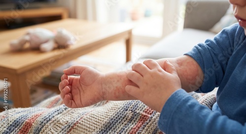 Toddler scratching red inflamed skin rash on forearm