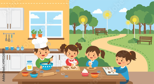Four young children are busy baking and decorating cookies on a table inside a kitchen with a scenic view of a park in the background.