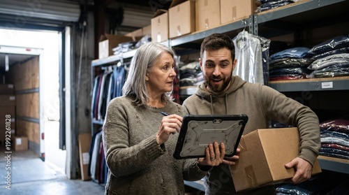 Experienced retail employee explaining inventory data on tablet to a new colleague