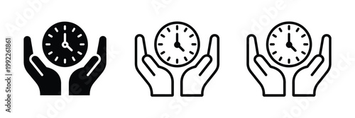 Hands holding a clock icon set featuring time management symbols, deadline tracking elements, schedule planning graphics, and modern minimalist line art for productivity tools, business workflow syste