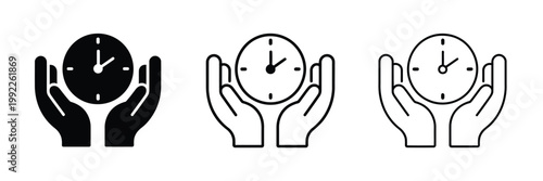 Hands holding a clock icon set featuring time management symbols, deadline tracking elements, schedule planning graphics, and modern minimalist line art for productivity tools, business workflow syste