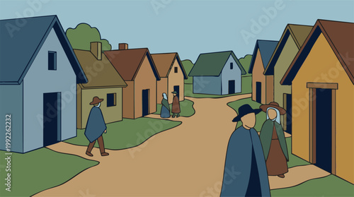 Stylized illustration of a traditional village with people and houses
