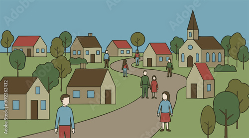 Cartoon illustration of a vibrant community village with people and buildings