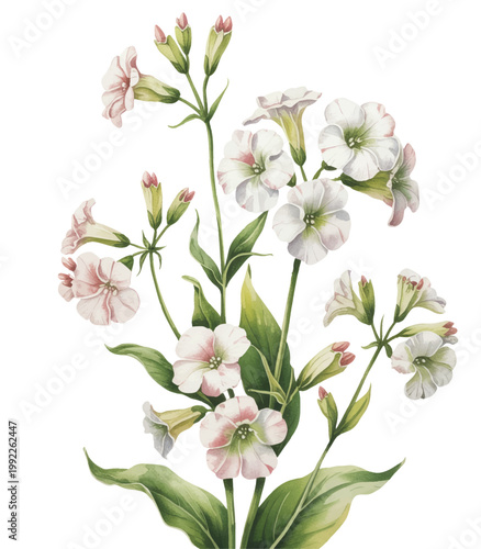 Elegant vertical composition of light pastel blooms with slender green stem.
