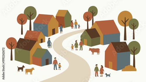 Stylized illustration of a village community with houses, people, trees, and animals