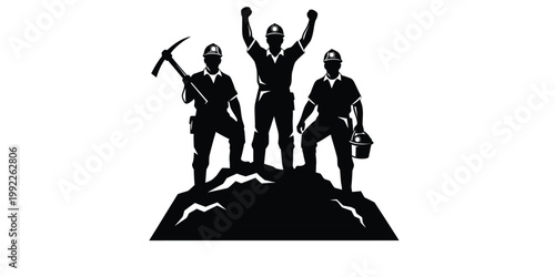 Three silhouetted miners celebrating victory on a rocky outcrop