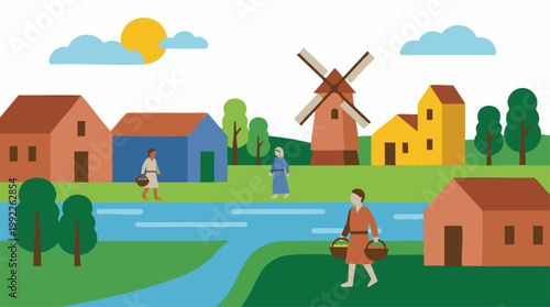 Stylized village landscape with river, windmill, and people flat design