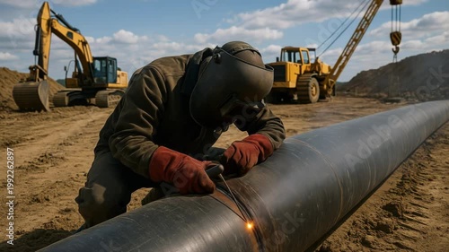 A skilled welder joins large pipeline sections on a sunny construction site. Heavy machinery operates in the background, highlighting industrial development.