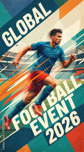 Global Football Event 2026 Poster Dynamic Player Action Sports Design