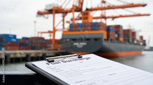 A clipboard with a fuel surcharge document in front of a cargo ship