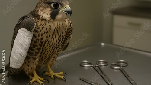 Injured falcon receives veterinary care for its bandaged wing. Medical instruments lie nearby on the sterile examination table.
