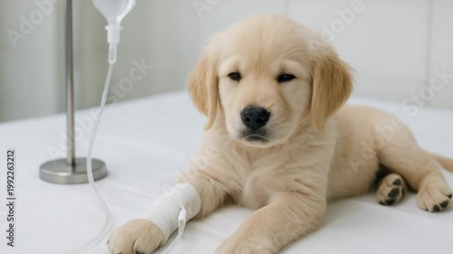 A cute golden retriever puppy receives intravenous treatment at the vet. The unwell dog lies calmly, recovering from illness.