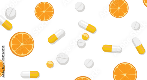 A vibrant top-down arrangement features a scattered pattern of fresh orange slices alongside various white round tablets and yellow medicinal capsules on white.