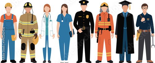 Professional Workers Lineup Flat Vector  Construction, Healthcare, Emergency & Service Jobs