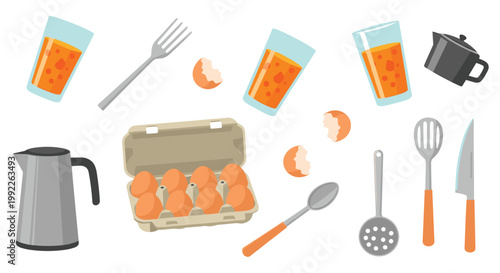 An assortment of breakfast-themed objects featuring glasses of orange juice, a carton of brown eggs, a silver kettle, and various cooking utensils on white.