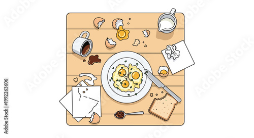 A cluttered wooden tabletop displays a messy breakfast consisting of fried eggs on a plate, spilled coffee, scattered eggshells, and crumpled white napkins.