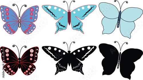 A colorful collection of beautiful butterflies and spring insects with vibrant wings isolated as a vector design set for nature art