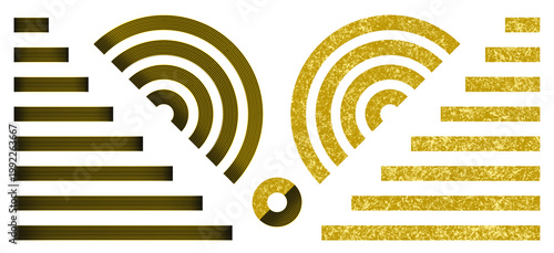 Vector illustrations of lines and arcs. A set of isolated black and gold lines and arcs with gold stripes and gilding on a white background.