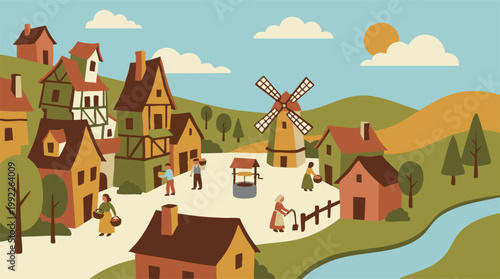 Charming flat design illustration of a traditional European village life
