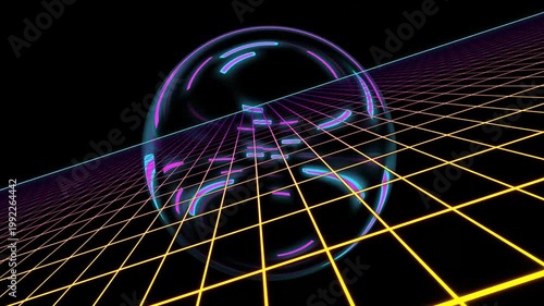 Neon streaks sweeping horizon, camera tilting, causing sphere rotating and reflecting grid for tech
