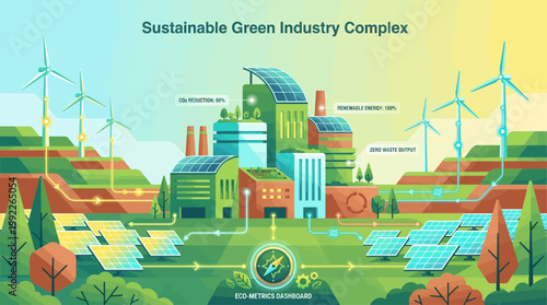 Sustainable Green Industry Complex with Solar Panels and Wind Turbines