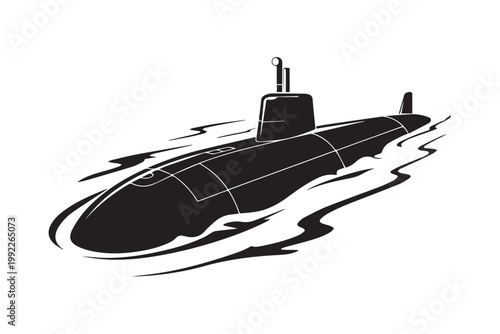 Submarine underwater vector illustration, black silhouette of military vehicle with periscope and wake.