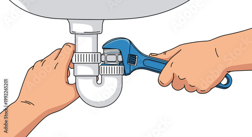 Skilled human hands utilize a bright blue adjustable wrench to securely tighten the white plastic drainage pipe components underneath a modern bathroom sink basin.