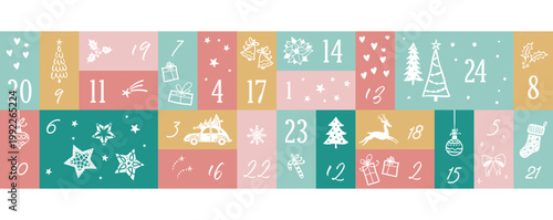 Cute hand drawn Christmas advent calendar. Lovely doodle drawings, vector design
