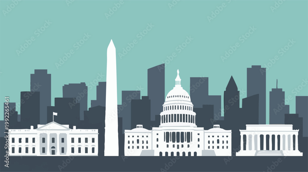 Fototapeta premium Washington D.C. Skyline with Iconic Landmarks Flat Vector Illustration