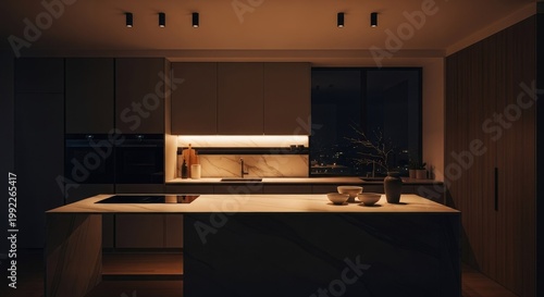 Modern kitchen interior with minimalist design elements and soft lighting