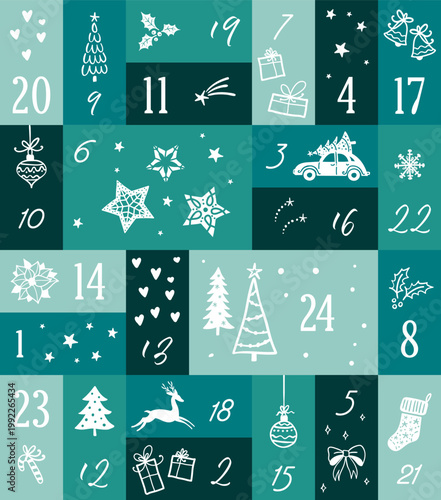 Cute hand drawn Christmas advent calendar. Lovely doodle drawings, vector design