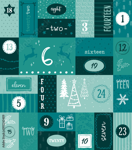 Cute hand drawn Christmas advent calendar. Lovely doodle drawings, vector design
