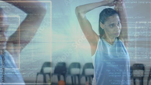Woman starting overhead arm stretch, camera widening revealing teammate HUD guiding sports warmup
