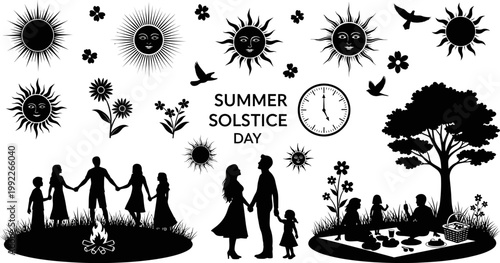 Summer solstice day celebration with people and nature elements