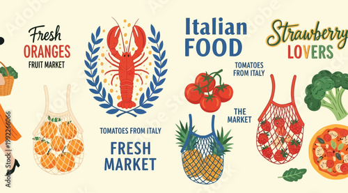 Set of fresh food illustrations including lobster, oranges, tomatoes, strawberries, broccoli, and pizza
