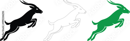 Leaping Antelope Silhouette Set in Black, Outline and Green Vector Gazelle Illustration