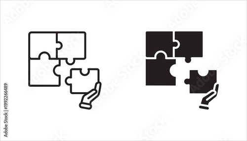 Simple solutions concept, compatibility line icon set,  assemble puzzle pieces, solving problem. vector illustration on white background