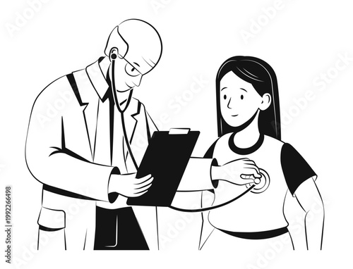 Senior doctor examining teenage girl with stethoscope during medical checkup